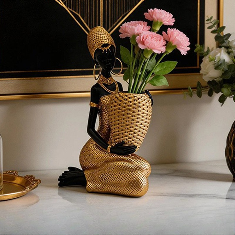 Resin Art Anniversary Gift - Resin African Woman Holding Vase Statue